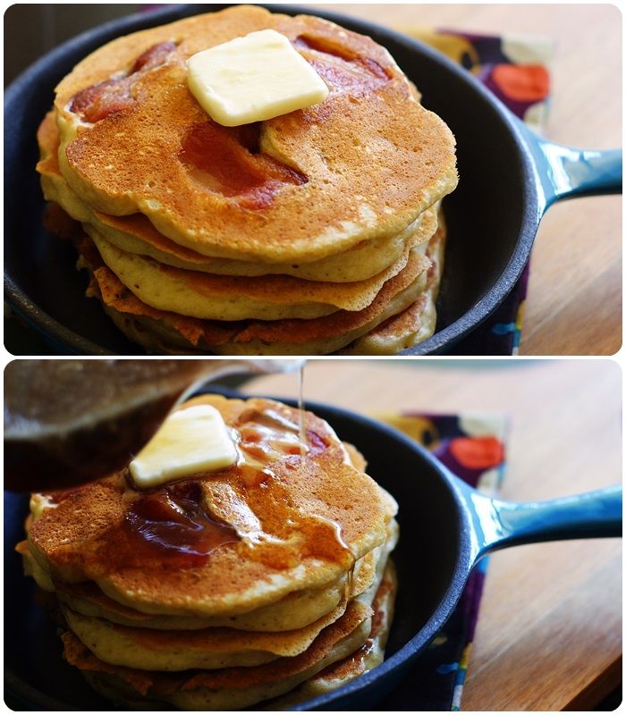 Bacon-Banana Pancakes with Buttery Bourbon Maple Syrup