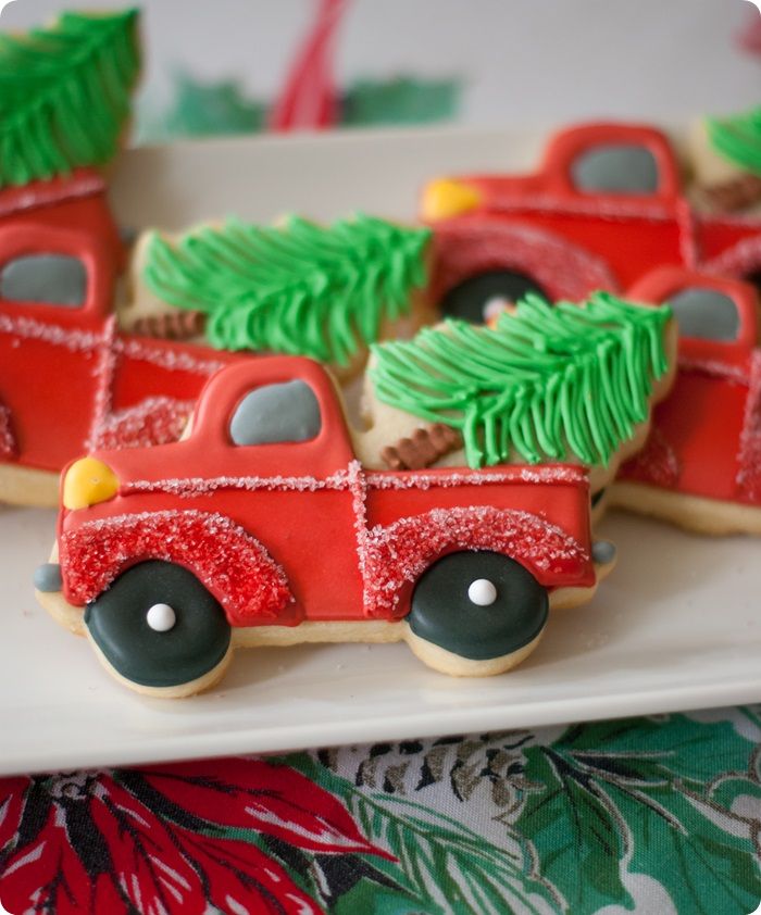 trucks with christmas trees cookies, decorating tutorial and link to cookie cutter