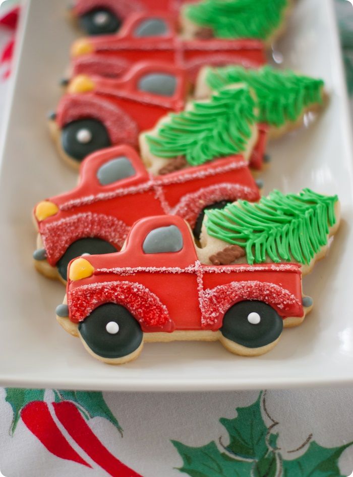 trucks with christmas trees cookies, decorating tutorial and link to cookie cutter