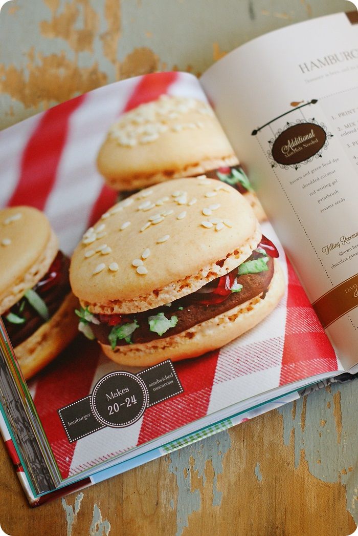 hamburger macarons from the book, Gourmet French Macarons by Mindy Cone