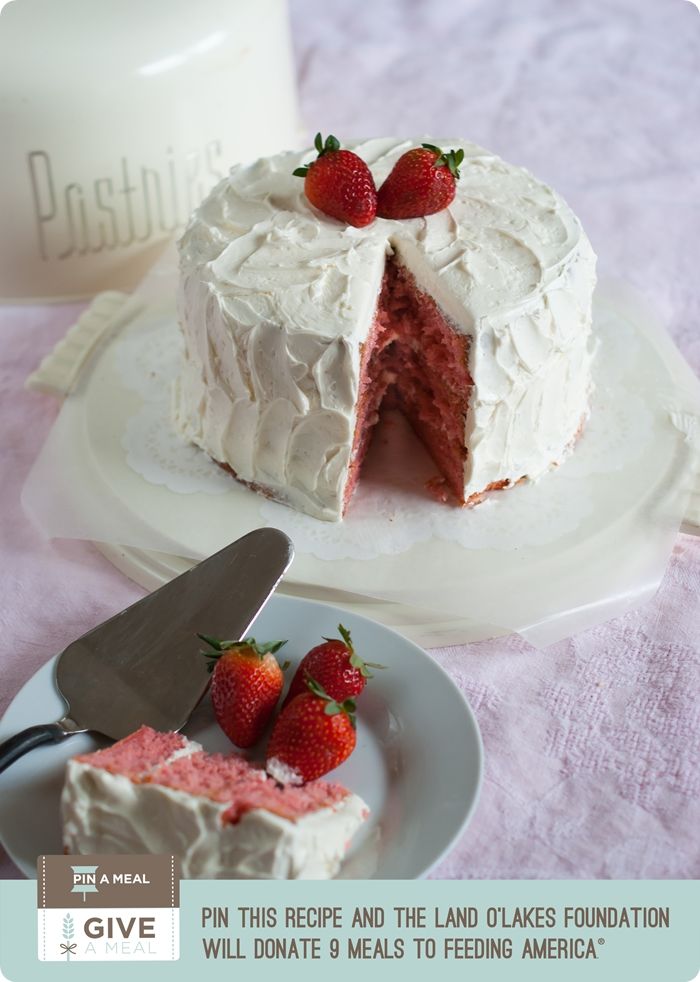 strawberry layer cake with amaretto swiss meringue buttercream ... each pin donates 9 meals to Feeding America #kitchenconvo #giveameal