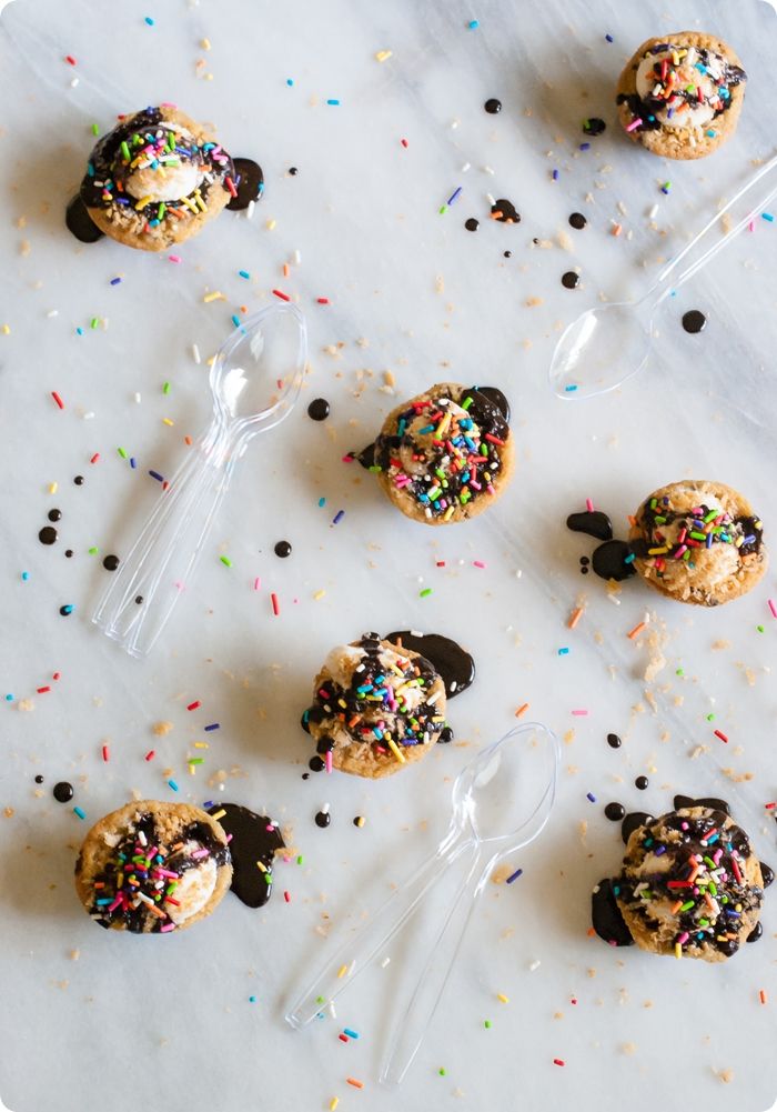 Trashed Up Chocolate Chip Cookie Ice Cream Sundaes (with brown butter cinnamon sugar panko + amaretto fudge sauce)