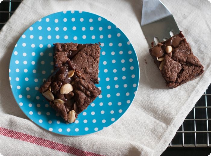 double chocolate caramel brownies with marcona almonds and sea salt from @bakeat350