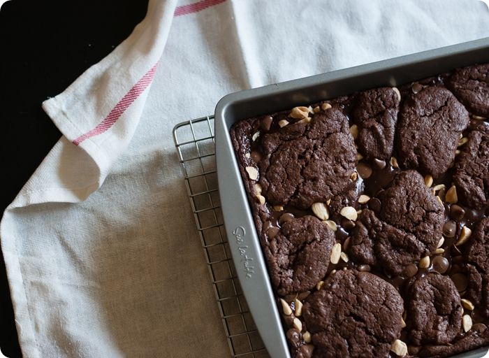 double chocolate caramel brownies with marcona almonds and sea salt from @bakeat350