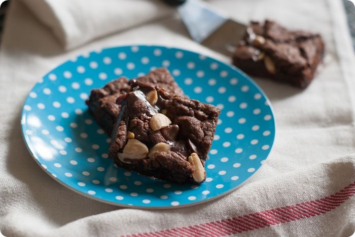 double chocolate caramel brownies with marcona almonds and sea salt from @bakeat350