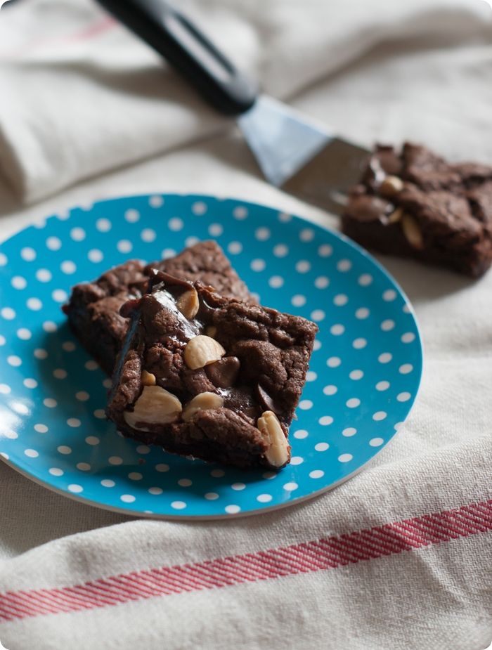 double chocolate caramel brownies with marcona almonds and sea salt from @bakeat350