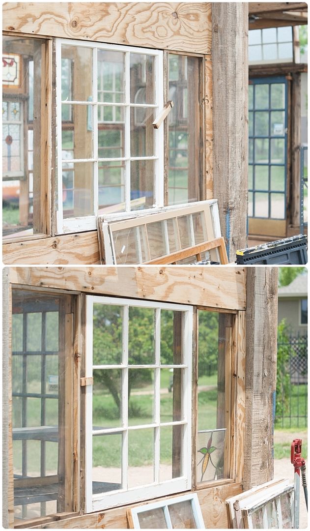 upcycled greenhouse made from reclaimed wood, vintage windows and doors