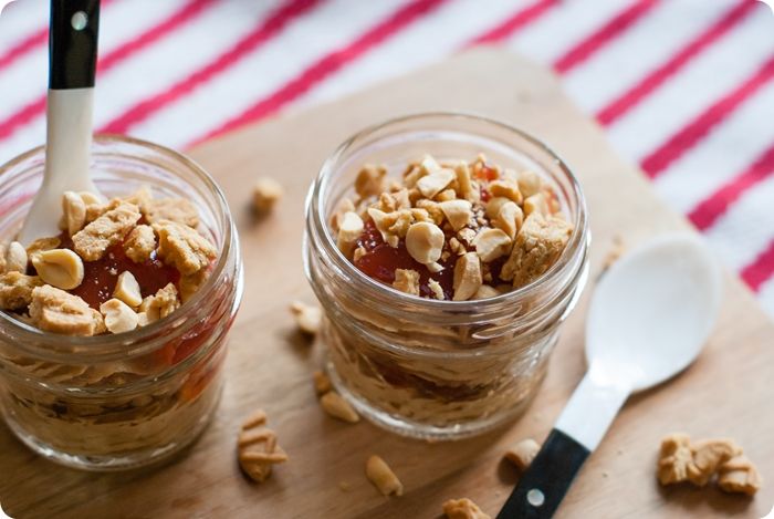 peanut butter & jelly parfaits with a nutter butter/salted peanut topping