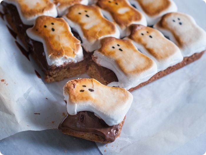 spooky s'mores bars ... a thick cookie crust topped with milk chocolate and ghost marshmallow peeps