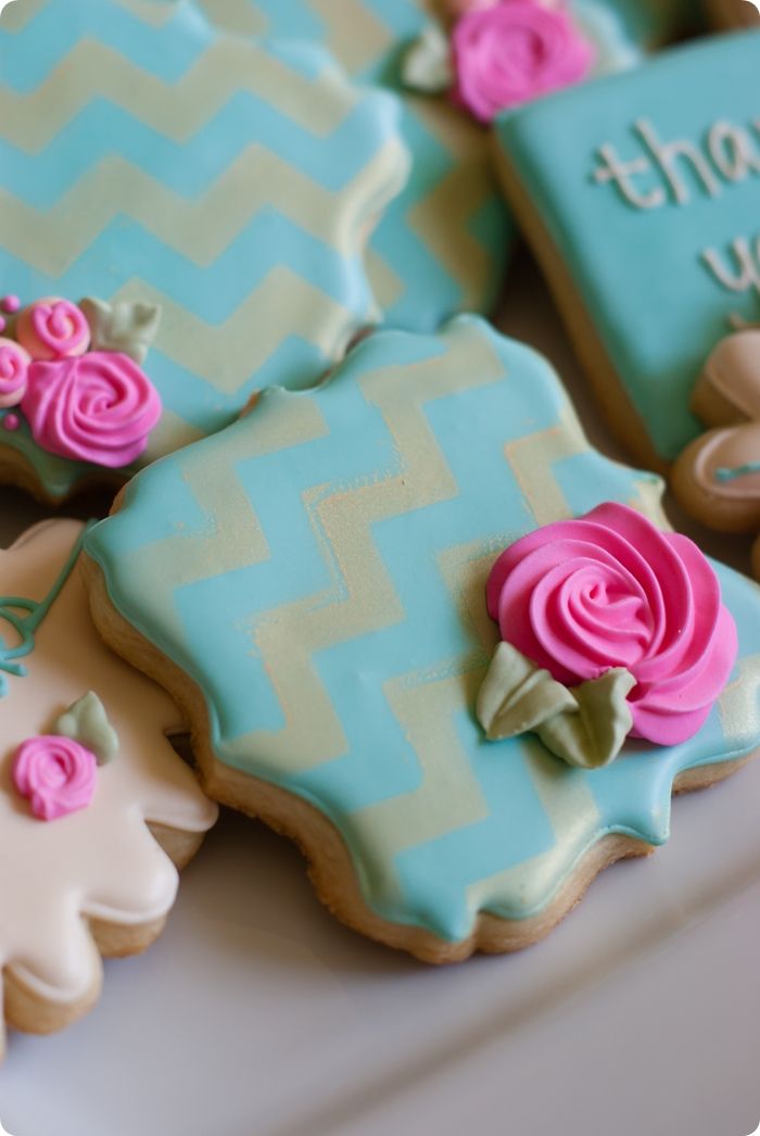 gold chevron stenciled floral thank you cookies ... and thoughts on overcoming "cookie decorating perfection angst" ;) 