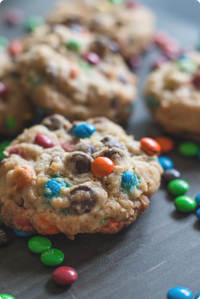 triple threat cookies ... chocolate chips, coconut, and mini chocolate candies: chewy, chunky, and delicious!