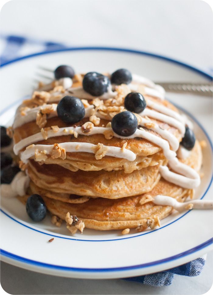 Whole Wheat Blueberry Pancakes with Healthy Grain Clusters and a Cinnamon Greek Yogurt Drizzle