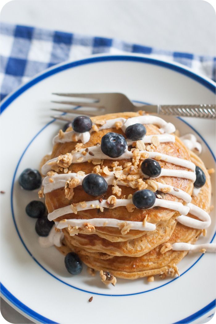 Whole Wheat Blueberry Pancakes with Healthy Grain Clusters and a Cinnamon Greek Yogurt Drizzle