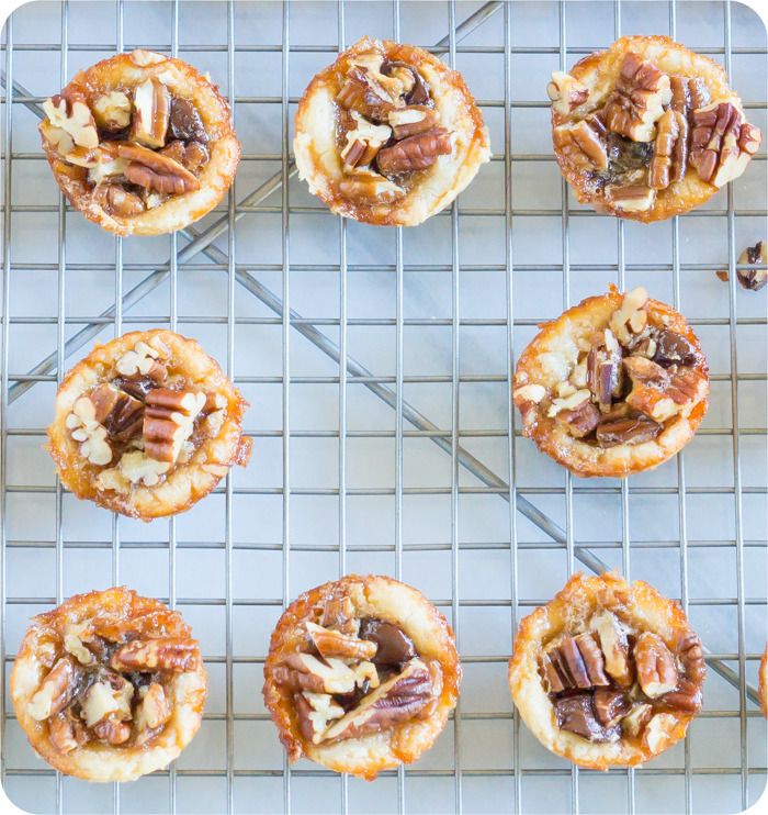 chocolate pecan tartlets: made with toasted pecans, sweetened with agave, and filled with bittersweet chocolate