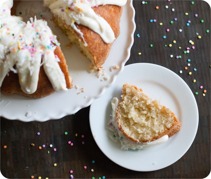 coconut cream bundt cake with cream cheese icing from @bakeat350