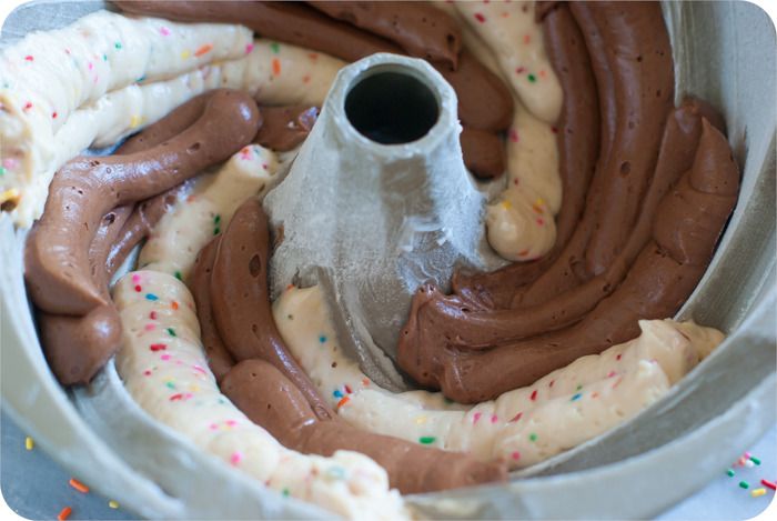 marbled chocolate and sprinkle bundt cake