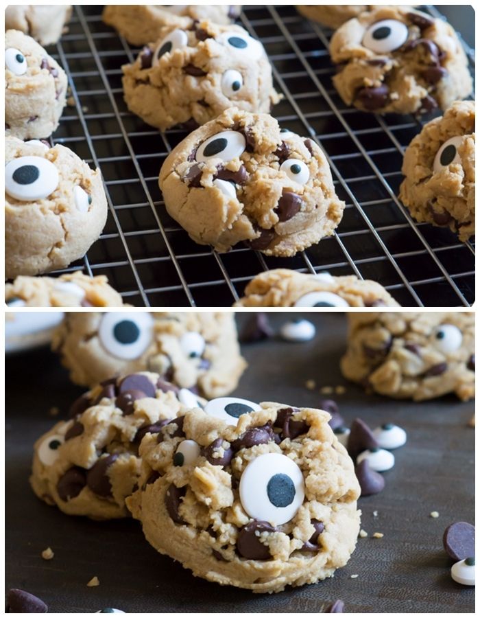 peanut butter chocolate chip googly eyes cookies | @bakeat350