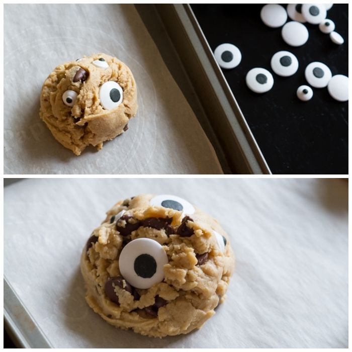 peanut butter chocolate chip googly eyes cookies | @bakeat350