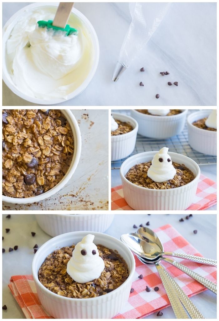 baked pumpkin chocolate chip oatmeal, topped with greek yogurt ghosts