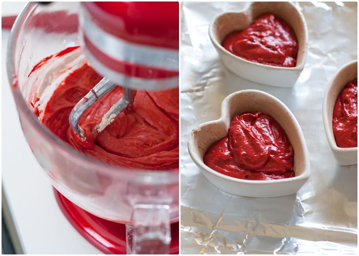 making mini red velvet lava cakes