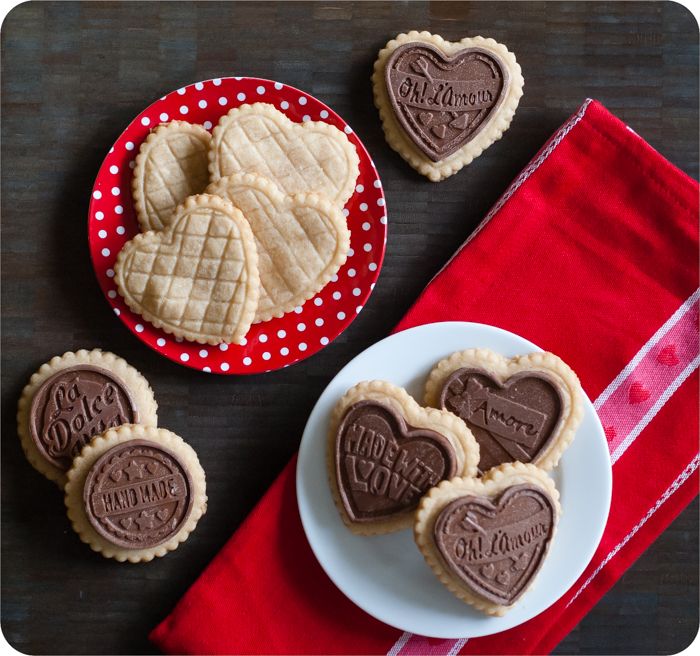 salted almond shortbread cookies with milk chocolate toppers