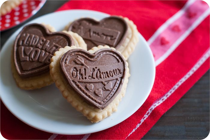 salted almond shortbread cookies with milk chocolate toppers