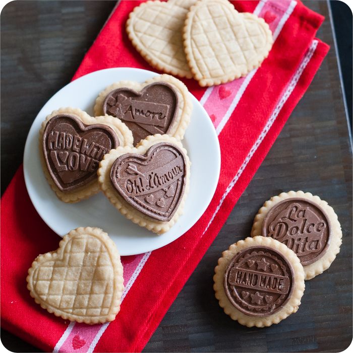 salted almond shortbread cookies with milk chocolate toppers