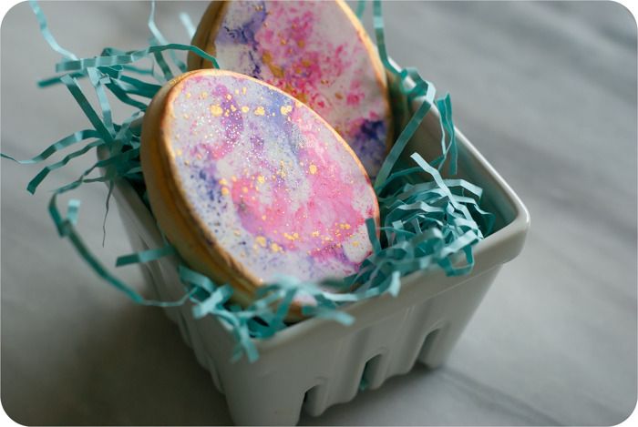 watercolor gold-speckled easter egg decorated cookies