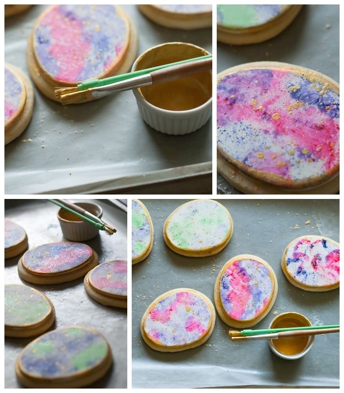 watercolor gold-speckled easter egg decorated cookies > adding gold edge and speckles