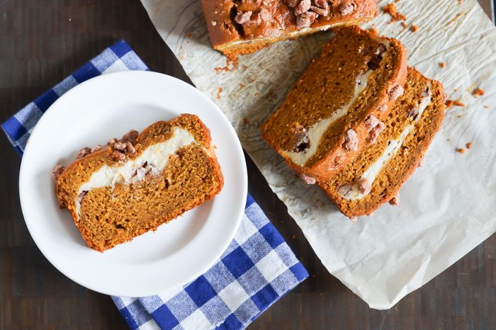 Pumpkin Cream Cheese Bread with Cinnamon Sugar Pecans