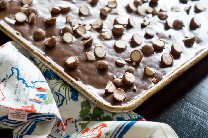 Chocolate Malt Texas Sheet Cake ... a twist on the classic, made with malt powder and Whoppers