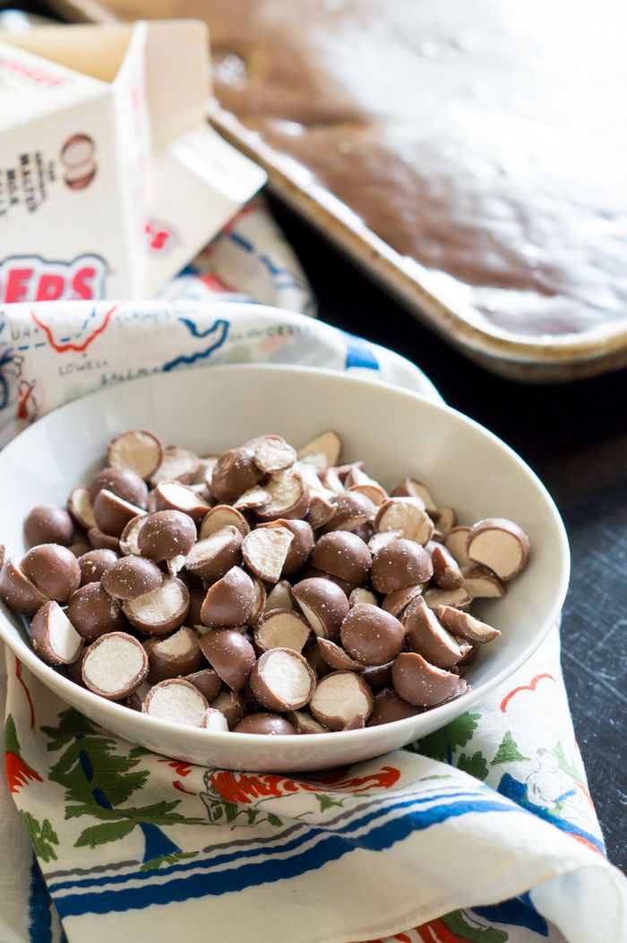 Chocolate Malt Texas Sheet Cake ... a twist on the classic, made with malt powder and Whoppers