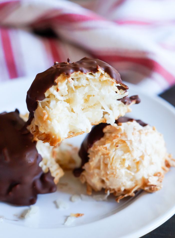 Chocolate-Dipped Coconut Macaroons ... big, chewy, fluffy cookies made with unsweetened coconut and semisweet chocolate.