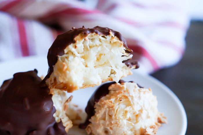 Chocolate-Dipped Coconut Macaroons ... big, chewy, fluffy cookies made with unsweetened coconut and semisweet chocolate.