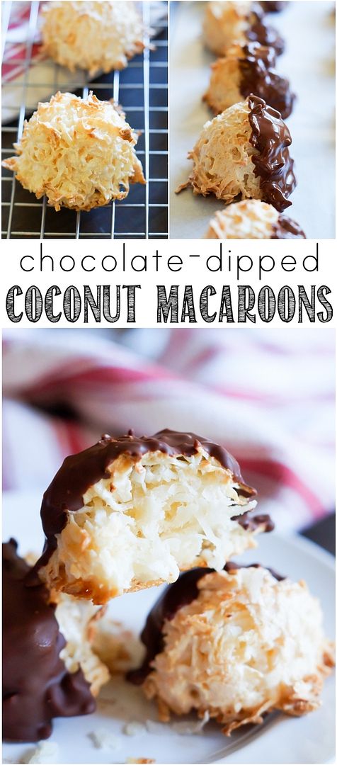 Chocolate-Dipped Coconut Macaroons ... big, chewy, fluffy cookies made with unsweetened coconut and semisweet chocolate.