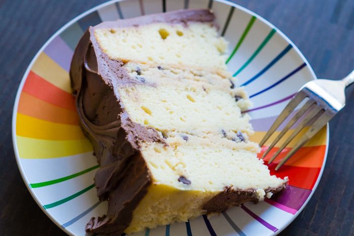 Yellow Cake with Cookie Dough Filling and Fudge Frosting