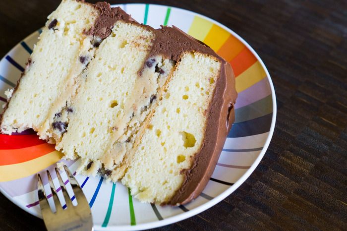 Yellow Cake with Cookie Dough Filling and Fudge Frosting, the ultimate birthday cake!