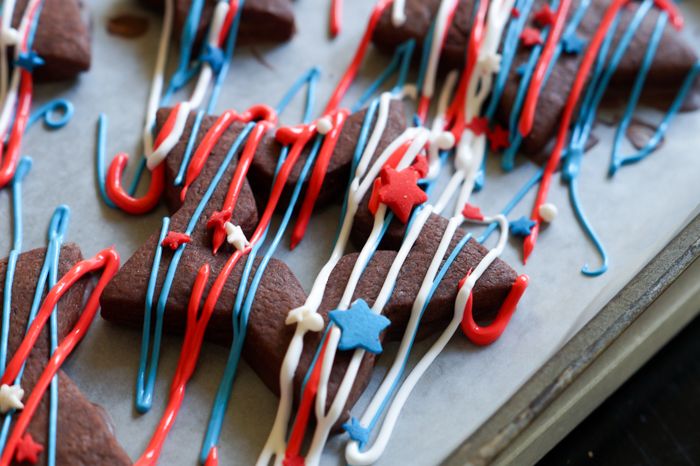 Red, White...and funky...Star Cookies + recipe for chocolate-dipped, chocolate almond cut-outs!