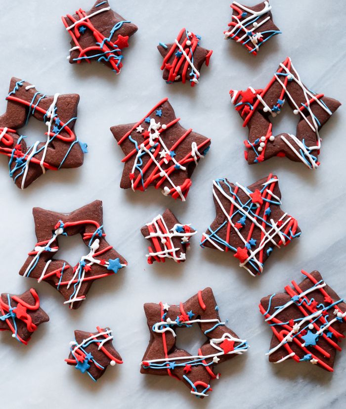 Red, White...and funky...Star Cookies + recipe for chocolate-dipped, chocolate almond cut-outs!