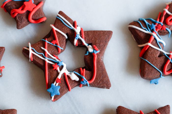 Red, White...and funky...Star Cookies + recipe for chocolate-dipped, chocolate almond cut-outs!
