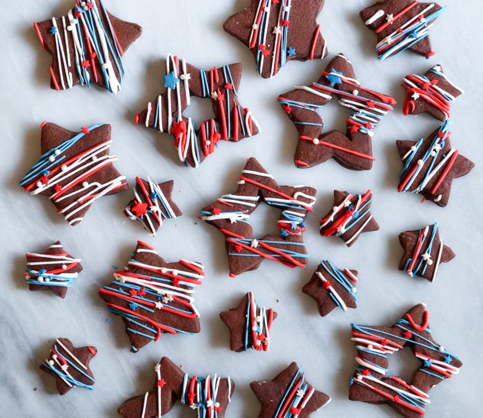 Red, White...and funky...Star Cookies + recipe for chocolate-dipped, chocolate almond cut-outs!