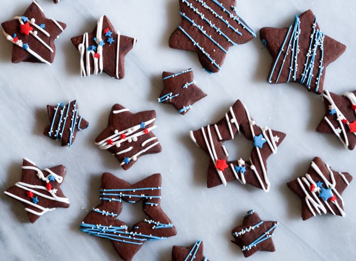 Red, White...and funky...Star Cookies + recipe for chocolate-dipped, chocolate almond cut-outs!