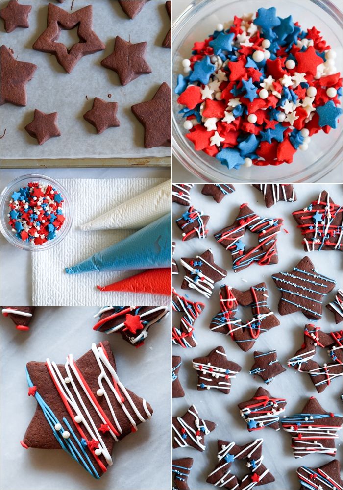 Red, White...and funky...Star Cookies + recipe for chocolate-dipped, chocolate almond cut-outs!