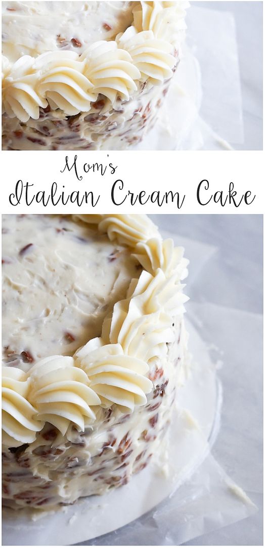 Mom's Italian Cream Cake, a recipe that's been served in our family for decades. ♥ A fluffy cake studded with coconut and topped with a rich toasted pecan-cream cheese frosting.