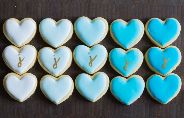 mini ombre heart cookies with gold painted monogram