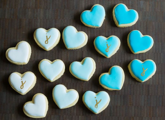 mini ombre heart cookies with gold painted monogram