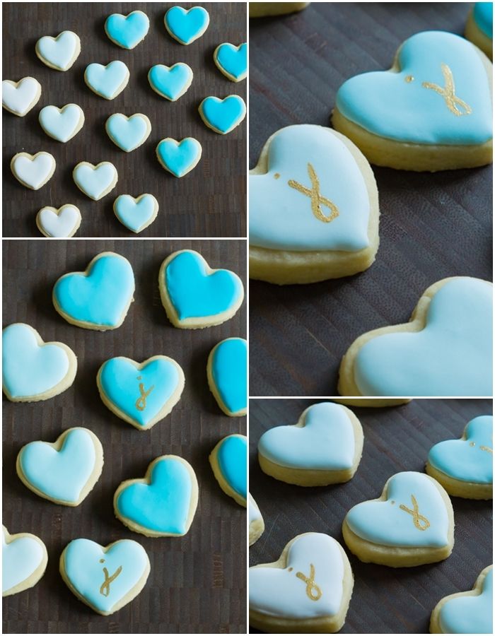mini ombre heart cookies with gold painted monogram