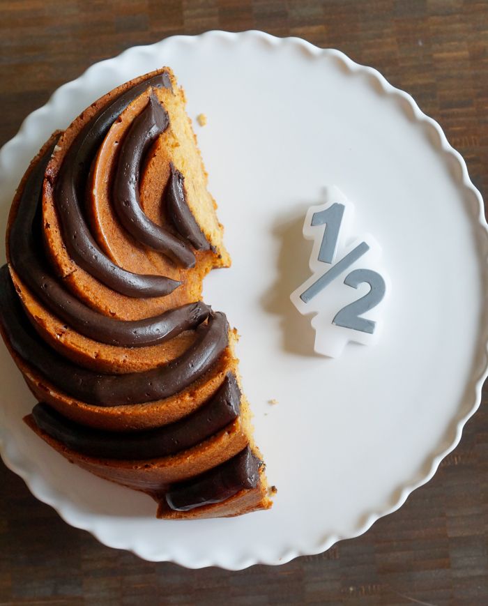 peanut butter bundt cake with peanut butter fudge frosting for a 1/2 birthday!