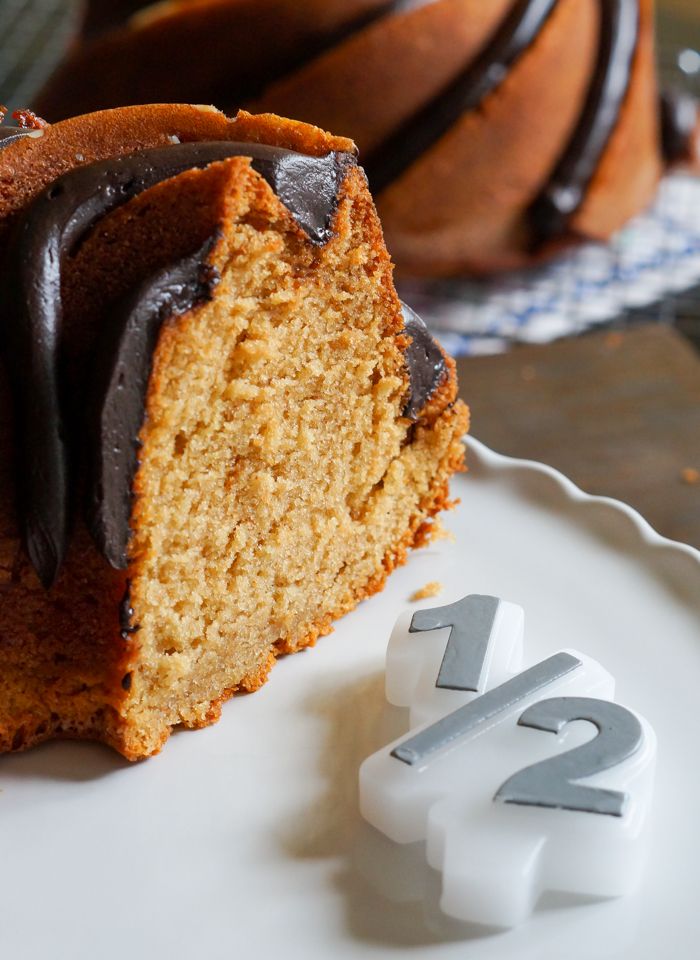 peanut butter bundt cake with peanut butter fudge frosting for a 1/2 birthday!