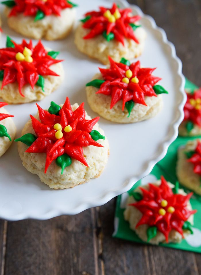 Sour Cream Pound Cake Poinsettia Cookies decorated with store-bought icing! | bakeat350.blogspot.com
